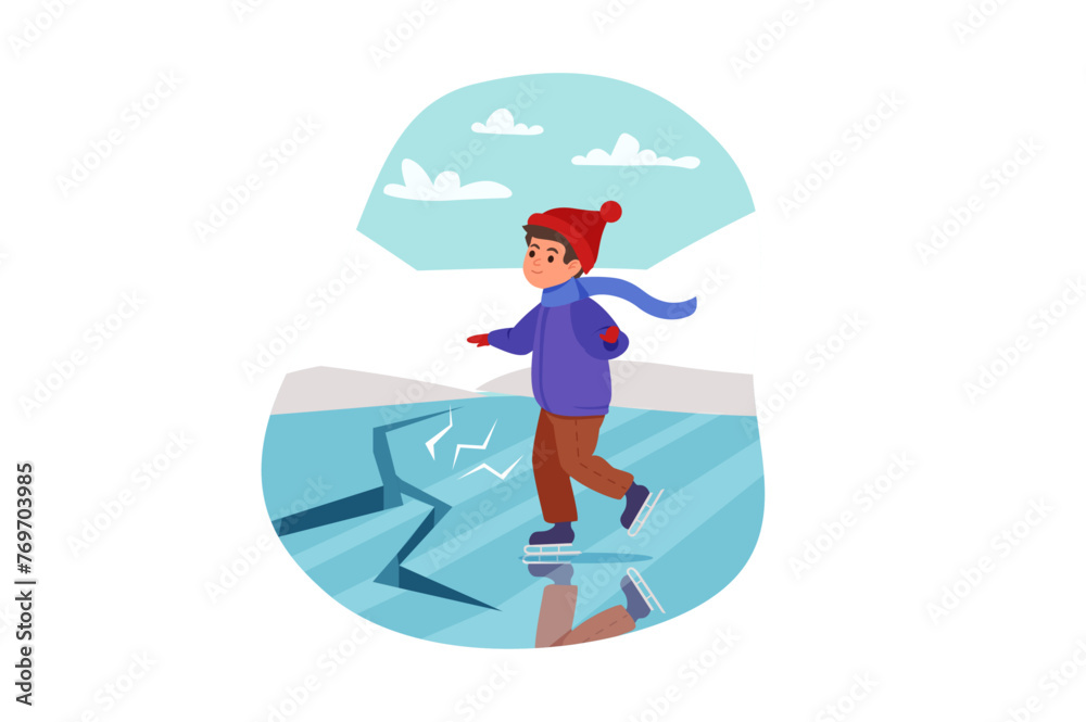 Dangers for kids concept with people scene in flat cartoon design. The boy was sliding on a frozen pond and the ice cracked. Vector illustration.