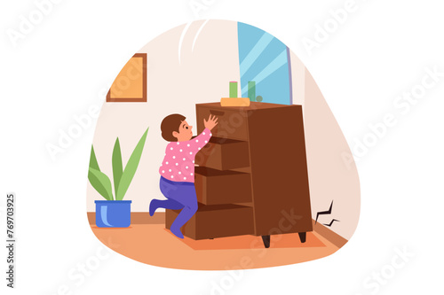 Dangers for kids concept with people scene in flat cartoon design. The child climbs on the dresser for things, because of which he can fall and hurt himself. Vector illustration.