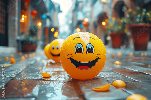 World smile day emojis, yellow emoji balls on street, World Laughter Day, ai technology