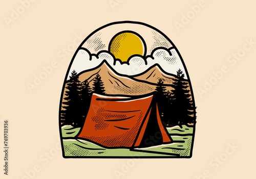 Vector illustration of a red tent in the mountains against a tan background.