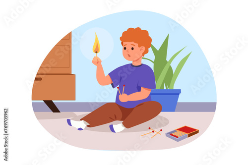 Dangers for kids concept with people scene in flat cartoon design. A boy plays with matches and fire, which can lead to a dangerous situation. Vector illustration.