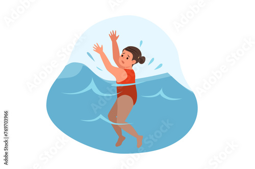 Dangers for kids concept with people scene in flat cartoon design. A little girl is drowning and needs help. Vector illustration.