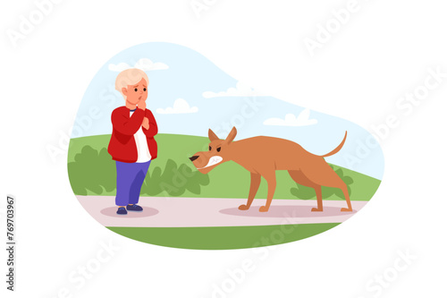 Dangers for kids concept with people scene in flat cartoon design. A frightened child was attacked by an aggressive dog on the street. Vector illustration.