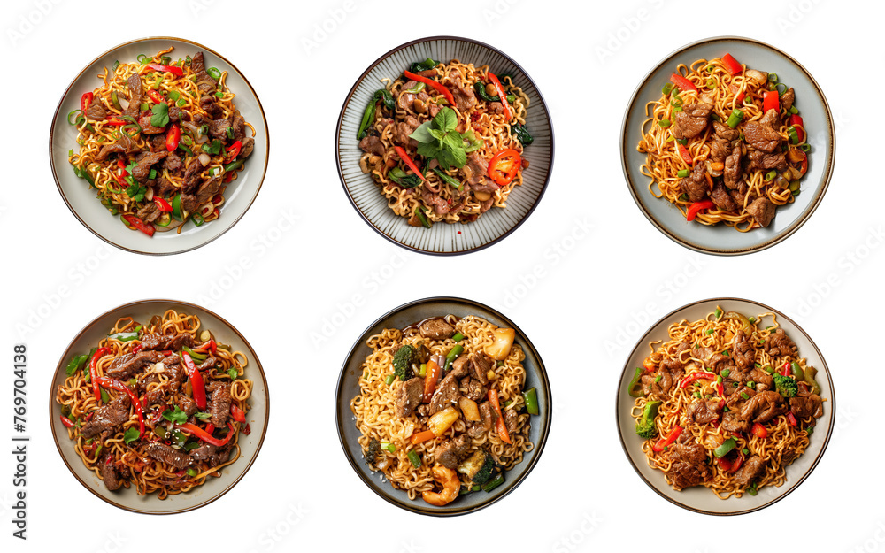 Collection of top view plate of fried noodles with meats and vegetables isolated on a transparent background, PNG Collection of top view plate of fried noodles with meats and vegetables isolated on a transparent background, PNG