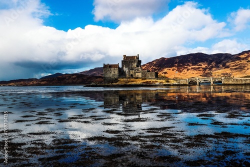 Scenic view of the medieval Eilean Donan castle in Scotland, UK