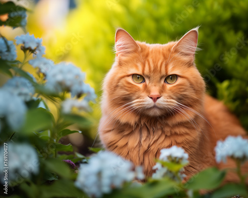 Cat on background of flowers outdoor.