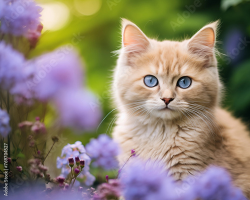 Cat on background of flowers outdoor.