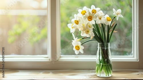 A Vase Filled with White and Yellow Daffodils on a Wooden Windowsill, Crafting the Perfect Mother's Day Sentiment