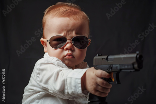 A little boy in a white shirt and sunglasses holds a black gun dangerously and threateningly