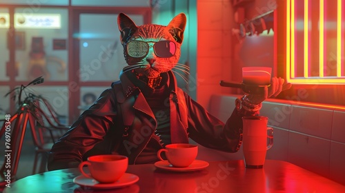 Catman, Portrait of a cat man drinking coffee in a cafe. photo