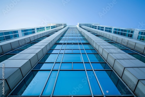 A very tall building showcasing its numerous windows and modern architectural design with geometric patterns and symmetry