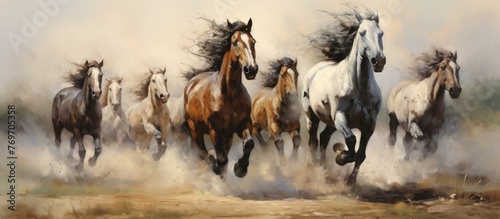 A group of horses are galloping across a field in a picturesque painting, showcasing their majestic manes and powerful bodies against a serene landscape