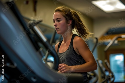 A woman is running on a treadmill in a gym, focusing on her cardio workout session