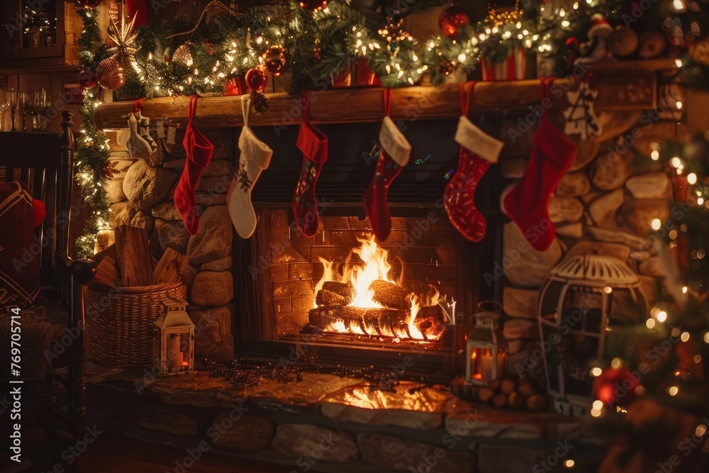 Close-up shot of a crackling fireplace adorned with Christmas stockings and garlands, creating a festive atmosphere