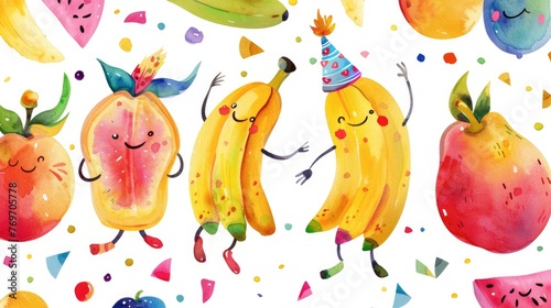 A fun watercolor decal of dancing fruits with party hats, and Lets Go Bananas It s Your Birthday in lively, booklike lettering