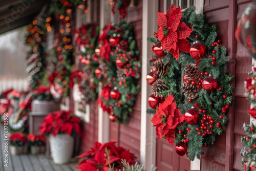 Christmas wreaths displayed in a row along the side of a building during the holiday season