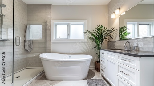 A Glimpse into the Immaculate Design of a Modern Bathroom Featuring a Freestanding Tub and Stylish Vanity