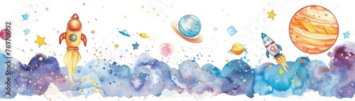 A whimsical spacethemed watercolor wall decal with planets and aliens saying Blast Off to Another Great Year in outofthisworld lettering