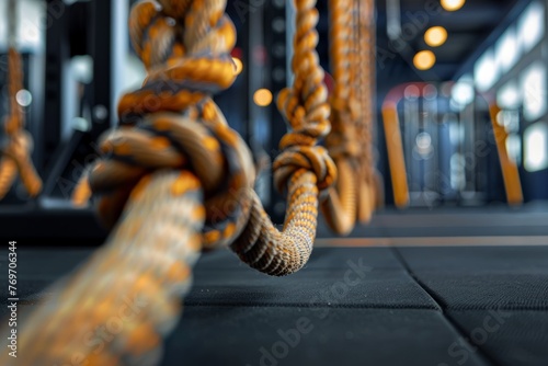 Detailed view of functional training battle ropes in use at a gym photo