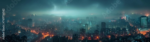 The mist hangs like a veil shielding the mysteries of the nighttime metropolis.