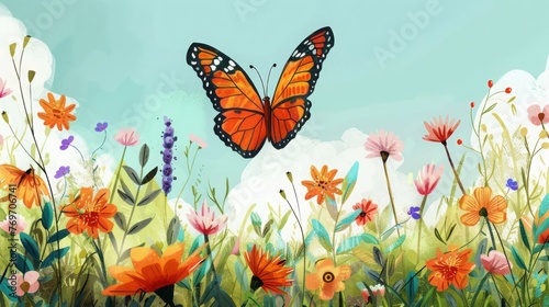 Butterfly Flying Over Field of Flowers © Prostock-studio