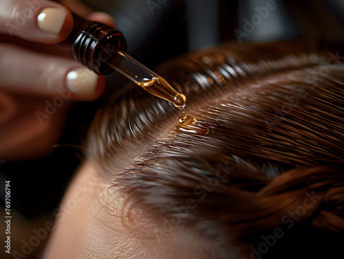 Applying hair oil treatment on a woman's scalp. Haircare and beauty concept for design and print. Close-up photography of hair treatment