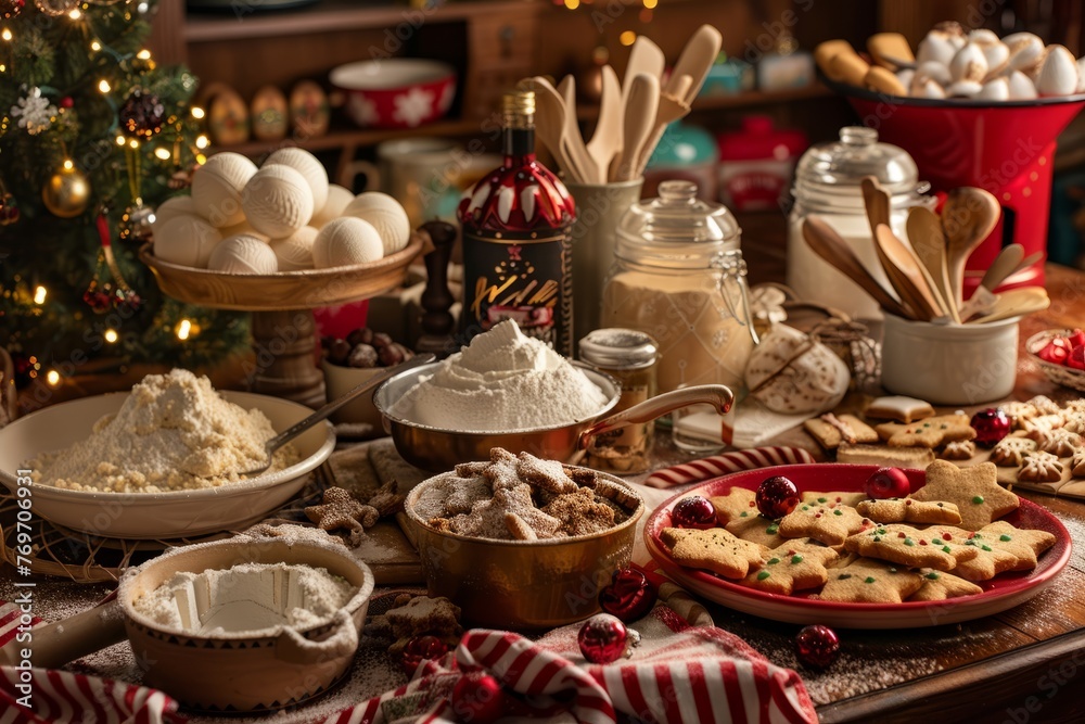 A kitchen table is laden with a variety of cookies and desserts, including freshly baked treats and festive holiday baking ingredients