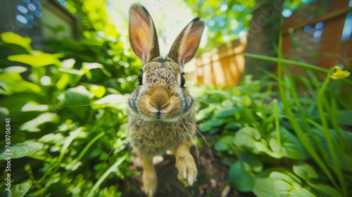 A cheerful rabbit hopping around its owner's backyard.  © The Humani Stock
