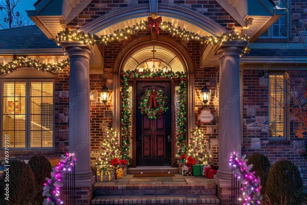 A house exquisitely decorated with colorful Christmas lights and festive wreaths, creating a cheerful holiday display