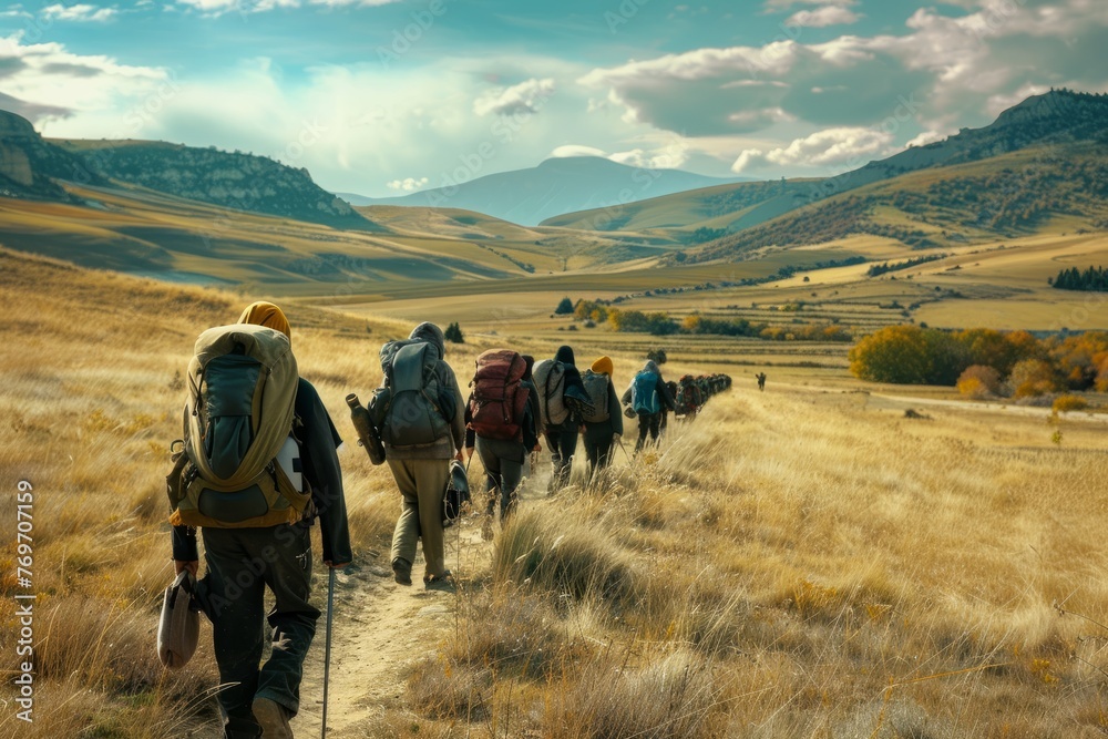 A group of people with backpacks trekking down a trail in the wilderness