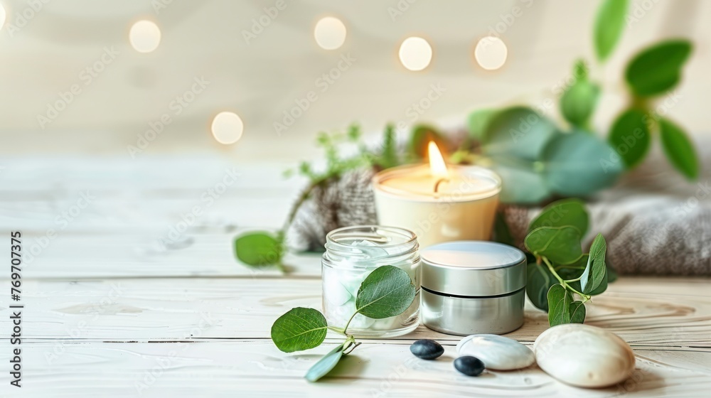 Anti-Wrinkle Moisturizer for Women, Enhanced by Ambient Candlelight and Natural Eucalyptu Leavess, on a Chic White Table Anti-Wrinkle Moisturizer for Women, Enhanced by Ambient Candlelight and Natural Eucalyptu Leavess, on a Chic White Table