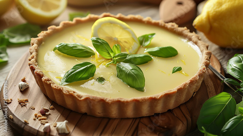 Lemon tart Posset with basil leaves, citrus and herb. Close-up, bokeh on the background. photo
