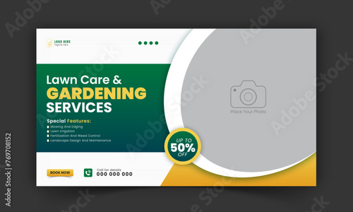 Organic food and agriculture service YouTube video thumbnail design, modern lawn mower garden, or landscaping service social media cover or post template with abstract green and yellow color shapes