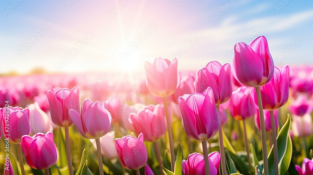 Group of pink tulips in the park agains clouds. Spring blurred background postcard