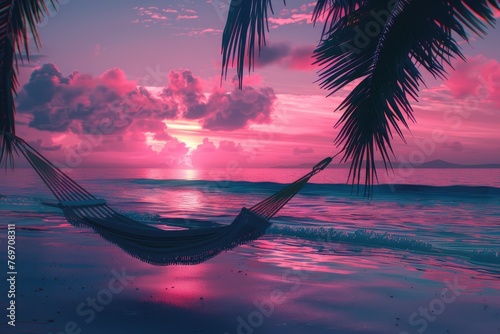 a hammock on a beach with the view of a sunset over the sea with palm trees