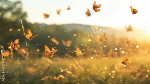 Golden Hour Butterfly Swarm in a Serene Meadow © Prostock-studio
