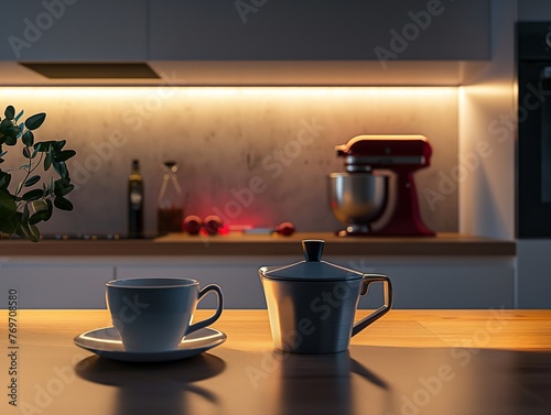 A white coffee cup and saucer sit on a wooden table next to a silver tea pot. The scene is set in a kitchen with a red mixer on the counter. Scene is cozy and inviting