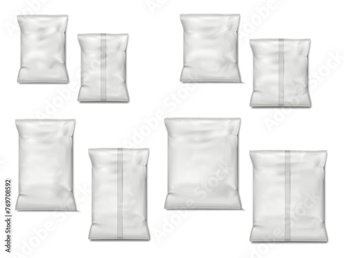 Blank white food snack package. Pillow bag. Vector mock-up set. Realistic crumpled plastic pouch packaging front and back mockup. Template for design