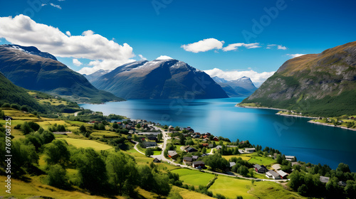 Serene Panoramic View of a Nordic Fjord Amidst Lush Greenery Under a Blue Sky