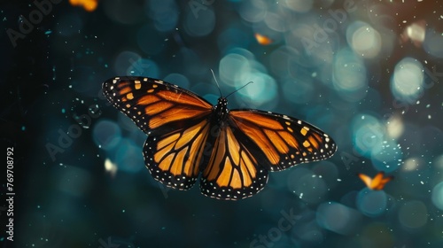 Monarch Butterfly in Mid-Flight Against a Bokeh Background © Prostock-studio