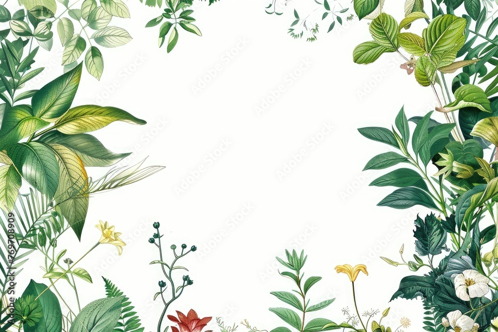 a white background with leaves borders with copy space, graphic design element