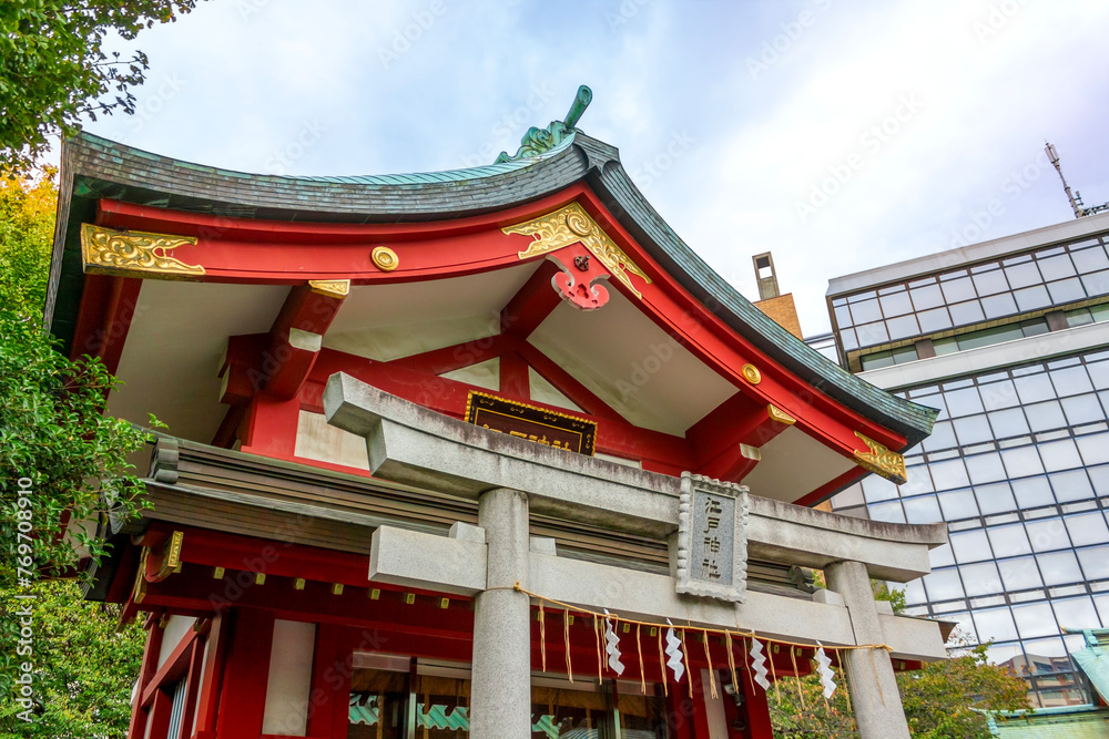 TOKYO, JAPAN - NOVEMBER 11, 2023: Edo Shrine Temple of the Kanda Shrine Complex in Chiyoda, Tokyo, Japan. Translation of the sign from Japanese: TOKYO, JAPAN - NOVEMBER 11, 2023: Edo Shrine Temple of the Kanda Shrine Complex in Chiyoda, Tokyo, Japan. Translation of the sign from Japanese:
