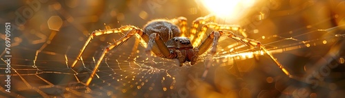 Captivating Spider Weaving a Glowing Golden Web in the Morning Sunlight