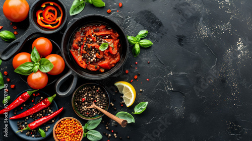 A black background with a variety of spices and vegetables including tomatoes, peppers, and basil. The spices are arranged in bowls and the vegetables are in a pan