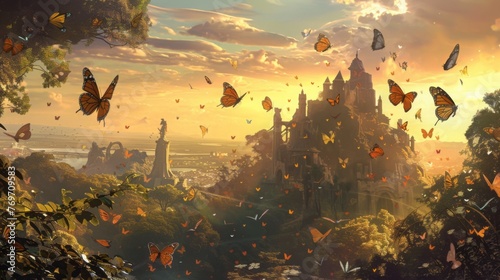 Castle Surrounded by Fluttering Butterflies