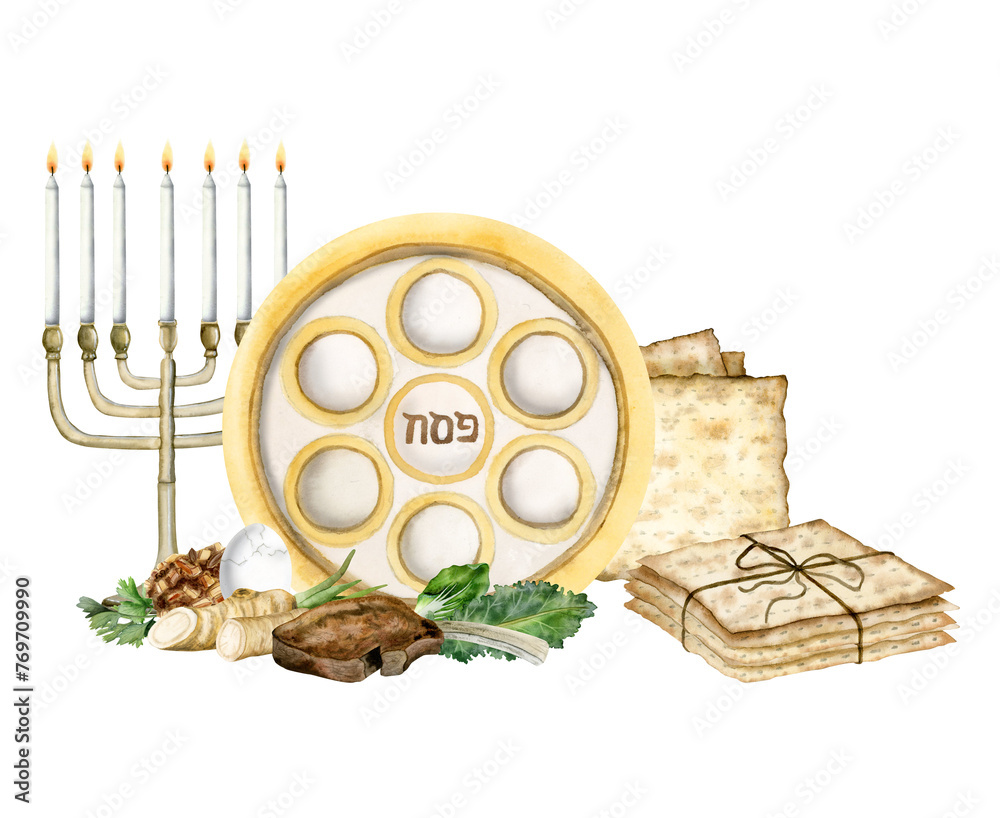 Passover greeting card template with seder plate, traditional food ...