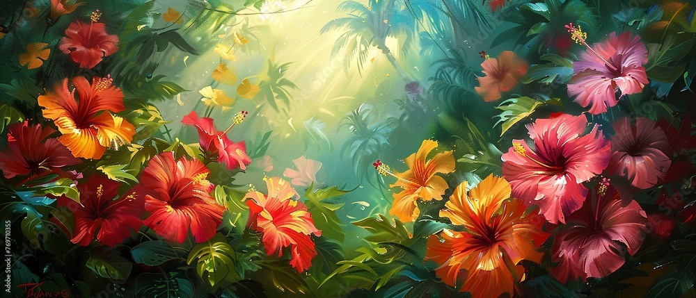 Tropical garden, oil painted, vibrant hibiscus, bright noon sun, medium shot.