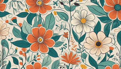 Abstract flower art pattern illustration. Organic nature floral background in vintage style. Spring season decoration texture, drawing print. colorful background 