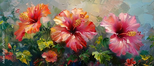 Tropical garden  oil painted  vibrant hibiscus  bright noon sun  medium shot.