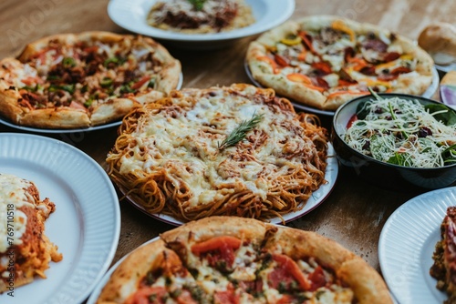 Vivid view of a variety of delicious pizzas arranged on a table